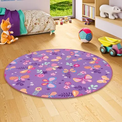 Snapstyle Kinder Spiel Teppich Schmetterling Lila - Rund in 7 Größen - Teppich fürs Kinderzimmer, weich und strapazierfähig, perfekt für ein gemütliches Spielumfeld.