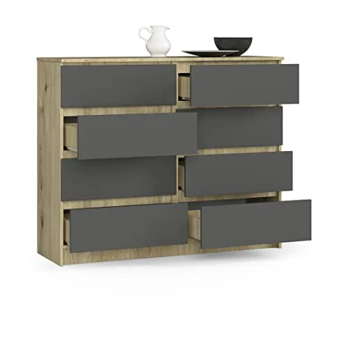 BDW Kommode, 8 Schubladen, viel Stauraum, Kleiderschrank, Flur, Badezimmerschrank, Kommode, Multifunktionsschrank. Abmessungen: 120 x 99 x 40 (Eiche Artisan - Grau)