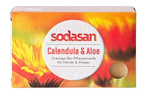 SODASAN Stückseife Calendula u. Aloe 100 g - Vegane Seife für milde Körperpflege, mit Bio-Sheabutter für zarten Schaum und angenehmes Hautgefühl. Ideal als Handseife, frei von synthetischen Zusätzen.