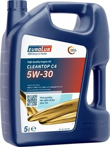 EUROLUB CLEANTOP C4 SAE 5W-30 Motoröl, 5 Liter - Hochleistungsöl für Diesel- und Benzinmotoren - Motoröl für Diesel- und Benzinmotoren mit exzellentem Kaltstartverhalten und hoher Kraftstoffersparnis. Ideal für Euro IV Abgasnorm und extreme Bedingungen.
