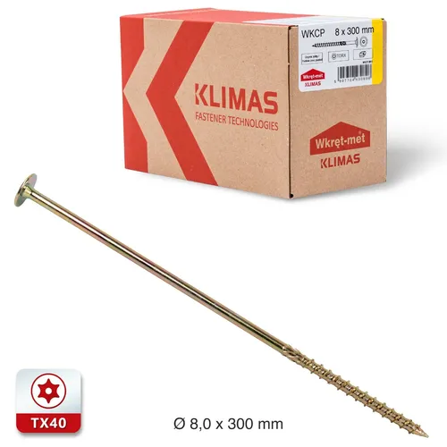 KLIMAS Holzschrauben Torx 8x300 mm - 50 Stück - Holzschrauben mit Tellerkopf und TX-Antrieb, ideal für Dachkonstruktionen. Die spezielle Wachsbeschichtung reduziert den Widerstand und sorgt für eine einfachere Montage.