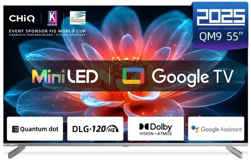 CHIQ M55QN9G 55 Zoll 4K Mini QLED Smart TV - Fernseher mit Dolby Vision, Quantum Color und Google TV 5.0 für atemberaubende Bildqualität und nahtloses Streaming. Ideal für Filmabende und Gaming mit 120Hz DLG-Technologie.