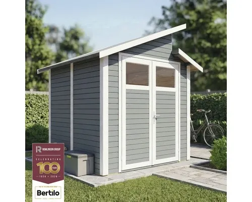 Gerätehaus Konsta Studio Basic 246 x 240 cm - Gartenhaus mit Pultdach in hellgrau, aus robustem Holz gefertigt und ideal für die Aufbewahrung im Garten.