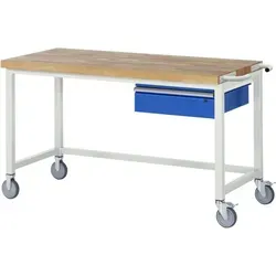 Rau Fahrbare Werkbank mit Querstrebe und Schublade 1500x700x880mm - Rollwerkbank mit robustem Buchen-Massivholz und 450 kg Tragkraft. Ideal für Werkstätten, komplett montiert und Made in Germany.