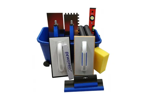 DEWEPRO Profi Fliesenleger-Waschset XL – 13-teilig - Bodenleger-Glättekellen: Komplettset für perfekte Fliesenverlegung, inklusive 16 L Wascheimer mit Doppelrollen für effizientes Arbeiten.