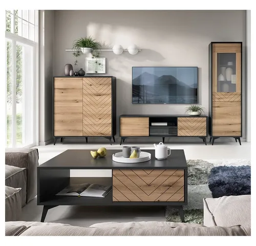 Lomadox Wohnzimmer-Set DALE-160, 4-teilig, modern und stilvoll - Stylisches 4-teiliges Wohnzimmer-Set in Schwarz und Eiche. Hochwertige Materialien und modernes Design mit grifflosem Push-to-Open-System für praktischen Komfort. Ideal für ein elegantes Wohnambiente.