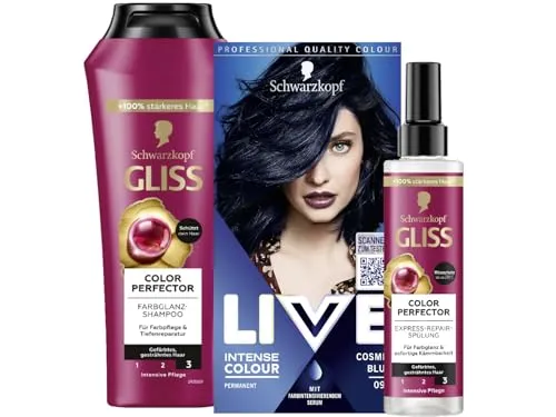 Schwarzkopf LIVE Intense Colour Haarfarbe 90 Cosmic Blue (142 ml) permanente Coloration & Gliss Shampoo (250 ml) & Express-Repair-Spülung (200 ml) Colour Perfector, Hitzeschutz (230 °C)