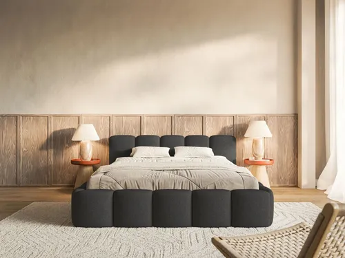 Selsey Polsterbett Cloudy Low, Graphit, 140x200 cm - Elegantes Polsterbett in Graphit mit niedrigem Kopfteil und wasserabweisendem Chenille-Stoff. Ideal für stilvolle Schlafzimmer, sorgt für höchsten Komfort und eine gemütliche Atmosphäre.