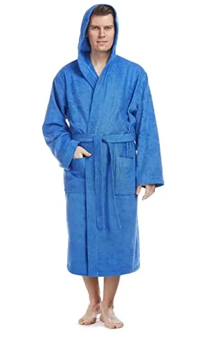 Herren Bademantel mit Kapuze - Royalblau, Größe XXL-3XL - Bademantel für Herren, aus 100% schadstofffreier Baumwolle, mit Kapuze und zwei großen Taschen. Ideal für Sauna und Wellness – bequem, leicht und atmungsaktiv.