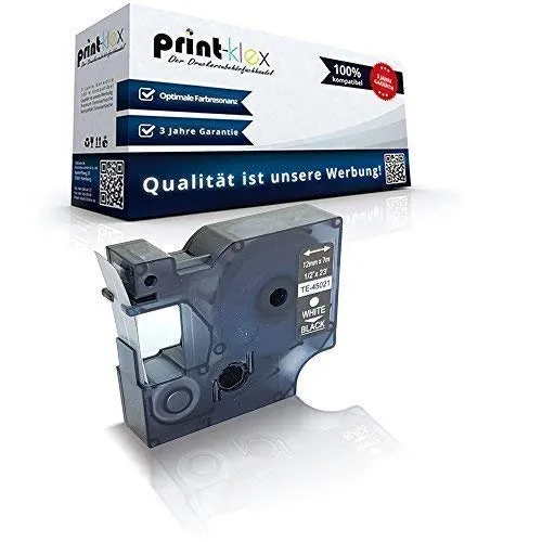 Print-Klex Schriftband kompatibel für Dymo D1 45021 MobileLabeler Labelpoint 100 150 200 250 300 350 Labelwriter 400Duo S0720610 12 mm 7 m White - Black Beschriftungsband - Easy Light Serie