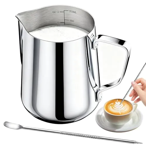 Tbintul 350ml/12oz Edelstahl Milchkännchen, Handheld Milchaufschäumer mit Dekorationsstift & Skala, Milchkanne Barista, Milchkanne Ideale für Espresso, Cappuccino, Latte, Silber