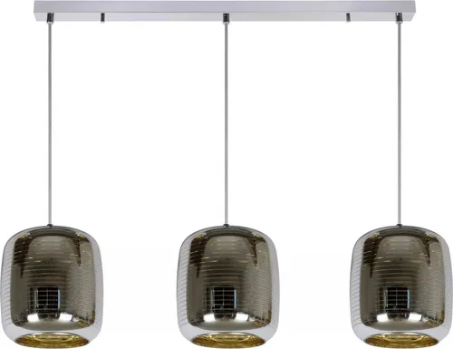 Pendelleuchte Küche 3-flammig Glas Chrom Gold E27 88 cm - Elegante 3-flammige Pendelleuchte aus Glas in Chrom und Gold. Verstellbare Hängetiefe, ideal über dem Esstisch. Harmonisches Lichtbild und individuelle Leuchtmittelwahl für perfekte Lichtakzente.