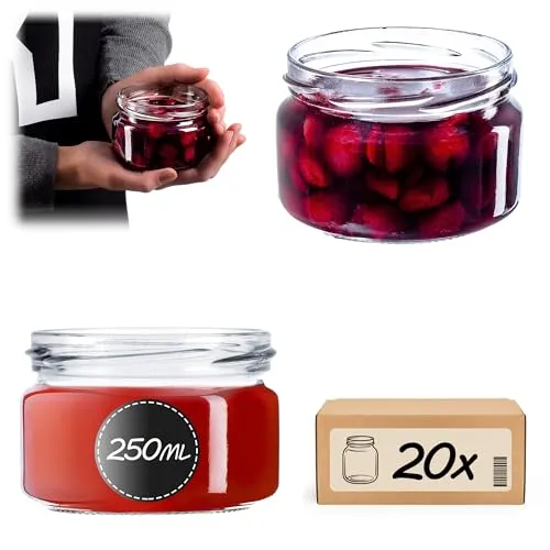 KADAX 20er Set Marmeladengläser 250 ml ohne Deckel - luftdichte, spülmaschinenfest, ideal für Marmelade, Chutneys, Eingelegtes Gemüse, Fleisch, Pasteten & Babynahrung