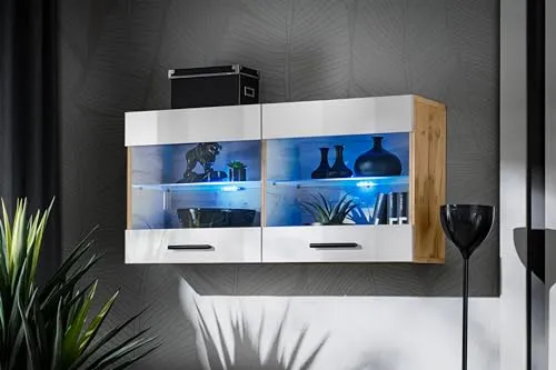 Komodee, Vitrine Schrank Savona, Weiß/Wotan, Breite 100cm x Höhe 50cm x Tiefe 30cm, Blaue LEDs, 2 Glasböden, 2 Türen, für Wohnzimmer, Küche