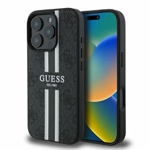 CG MOBILE Guess GUHMP16XP4RPSK Hülle für iPhone 16 Pro Max - Standard Handyhüllen mit stylischem 4G Printed Stripes Design, aus robustem TPU und Kunstleder für optimalen Schutz und eleganten Look.