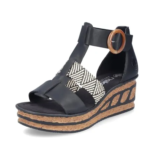RIEKER Keilsandalette für Damen, Gr. 42, schwarz-creme - Modische Keilsandalette aus Lederimitat und Bast mit 6 cm Keilabsatz. Ideal für den Sommer, bequem und feminin - perfekt für jeden Anlass.