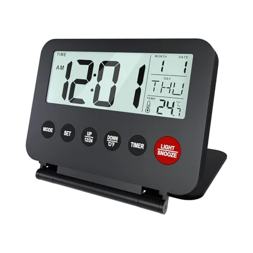 MMOBIEL Reisewecker Klappbar Digital Batteriebetrieben Tragbarer Wecker für Reisen - Digitale Uhr, Wecker, Timer, Schlummern, Datum, Temperatur, Hintergrundbeleuchtung (Ohne Batterien) - Schwarz