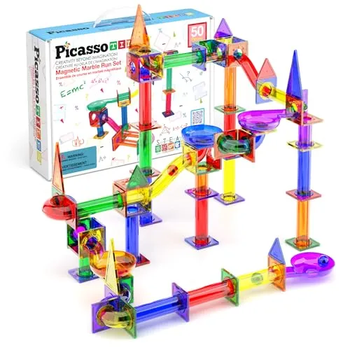 PicassoTiles 50-teiliges Murmelbahn-Set - Bausets für kreatives Spielen, fördert die Fantasie und ist dank BPA-freier Materialien kindersicher und bleifrei.