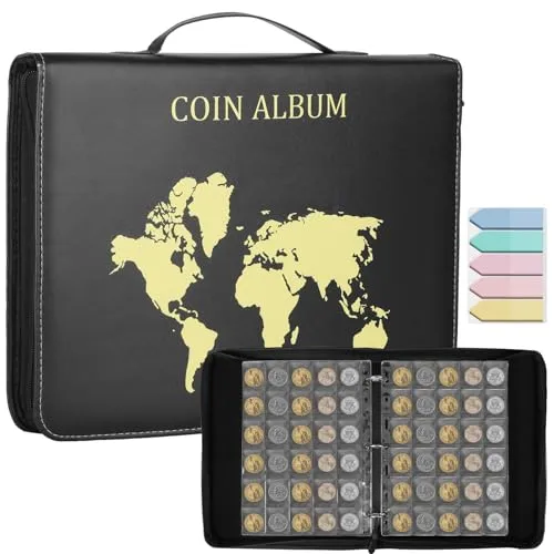 KOMABLEN 480 Schwarz Taschen Münzalbum, 16 Seiten 35x35mm Münzen Hüllen Sammelalbum, Münzsammelalbum mit Reißverschlüsse, Münzen Aufbewahrung Münzsammelorganisator für Euro, Pfund, Pence