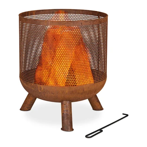 Relaxdays Feuerkorb im Mesh Design, Rostoptik - Grills: Gemütliche Abende am Lagerfeuer mit modernem Mesh Design, inklusive Schürhaken und sicherer Feuerwanne gegen Funkenflug.