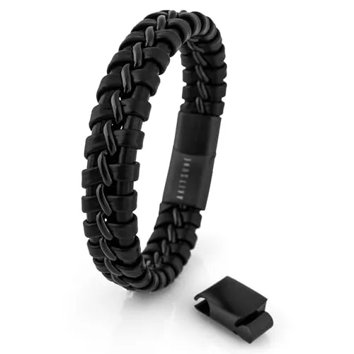 Akitsune Adeptus Lederarmband - Mattschwarz, Elegantes Armband für Damen & Herren - Hochwertiges Lederarmband mit Edelstahl-Streifen, 30 Tage risikofreie Rückgabe und klimaneutrale Produktion. Ein Must-Have Accessoire für jedes Outfit!