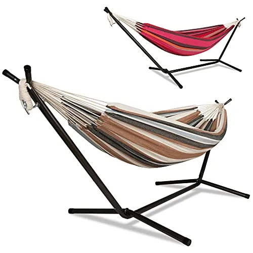 ib style® Kalani Hängematte mit Gestell - Hängematte für 2 Personen, belastbar bis 200kg, inkl. stabilen Gestell aus pulverbeschichtetem Stahl, einfach aufzubauen ohne Werkzeug, höhenverstellbar für individuellen Komfort.