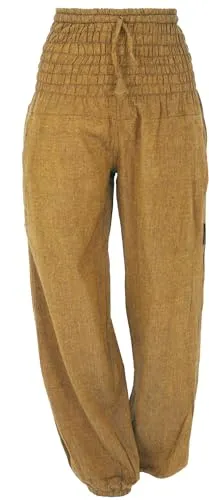 GURU SHOP Muckhose - Bequeme Aladinhose in Mustard für Damen - Damen-Hosen aus natürlicher Baumwolle, mit breitem gesmoktem Bund und praktischen Eingriffstaschen für maximalen Komfort und Stil.