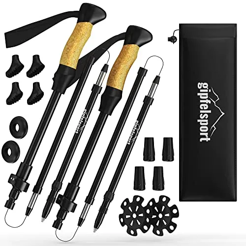 gipfelsport Faltbarer Wanderstock Alu mit Kork-Griff - Wanderstöcke mit ergonomischen, rutschfesten Griffen für optimale Gelenkschonung. Höhenverstellbar und inklusive eBook für den perfekten Start ins Nordic Walking.