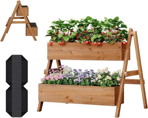WOLTU Hochbeet mit 2 Blumenkästen – Ergonomische Holz Blumentreppe in Braun - Dieses platzsparende Hochbeet mit 2 Etagen bietet eine bequeme Arbeitshöhe und ist ideal für Blumen, Kräuter und Gemüse. Robuste Bauweise mit wasserfesten Vliesfolien sorgt für Langlebigkeit und einfache Pflege.