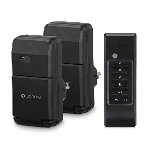 sonero Funksteckdosen Set: 2x Funksteckdose und 1x Funkfernbedienung, 1100 Watt, max. 30m Reichweite, Outdoor, schwarz
