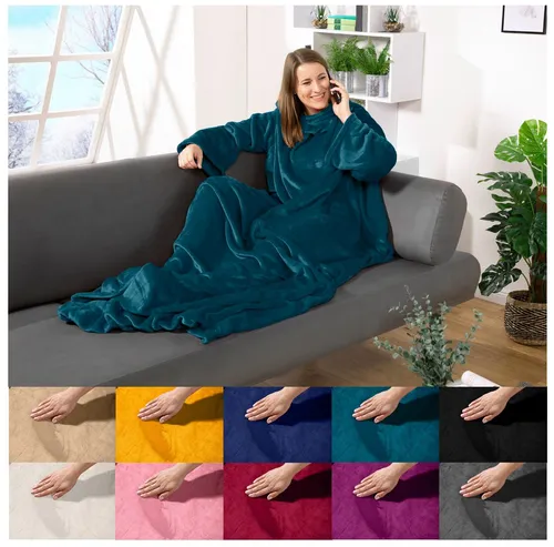 heimtexland ® Ärmeldecke TV Kuscheldecke mit Ärmeln und Taschen Dunkelpetrol 180x150 cm