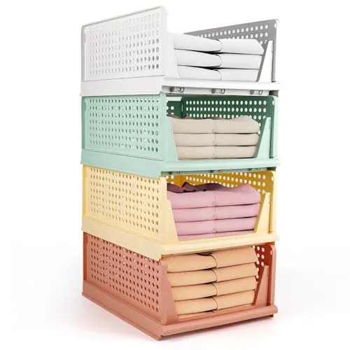 Diealles Shine Stapelbare Schubladenboxen, 4 Stück Kleiderschrank Organizer Ausziehbar, Plastik Schubladeneinsatz Kleiderschrank, Faltbare Schrank Schubladen Für Kleidung Schrank Speisekammer(Farbe)