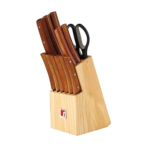 Bergner BG-8911-MM 13-teiliges Messerset mit Holzblock | Mit Kochmesser, Brotmesser, Tranchiermesser, Universalmesser, Garniermesser, Schere, sechs Steakmessern und Holzblock zur Aufnahme