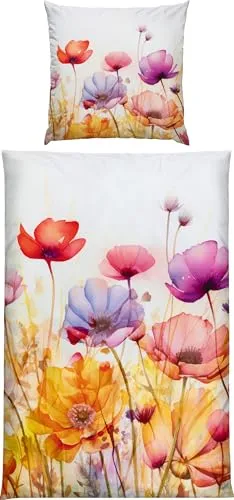 Erwin Müller Mako-Satin Bettwäsche Mohnblume Aquarell-Stil bunt Größe 80x80 cm / 135x200 cm - seidig weiche Qualität, temperaturausgleichend, mit Reißverschluss