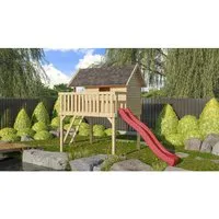 Karibu Stelzenhaus Fidel Set mit 3 m Wellenrutsche in Rot - Spieltürme & Spielanlagen – Hochwertiges Stelzenhaus mit 19 mm Wandbrettern, 150 cm Podesthöhe und 3 m Wellenrutsche für unbeschwertes Spielvergnügen das ganze Jahr über.