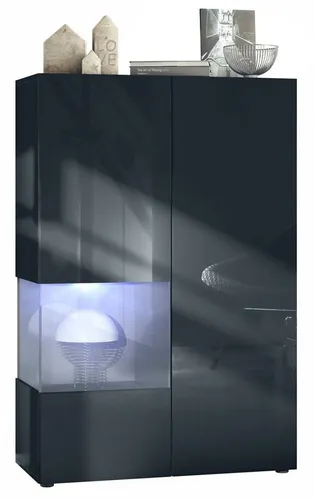 Vladon Standvitrine Morena V2 (Standvitrine, mit 2 Türen und Glaseinsatz inkl. LED-Beleuchtung) Schwarz matt/Schwarz Hochglanz/Grau Hochglanz(91,5 x 136,5 x 37 cm)