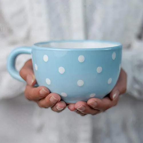 City to Cottage® - Keramik XXL Tasse 500 ml | Kaffeebecher | Hellblau und Weiß | Polka Dots | Handgemacht | Keramik Geschirr | Große Tasse
