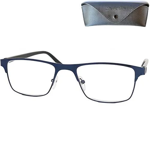 Metall Anti Blaulicht Brille Lesebrille mit rechteckigen Gläsern, Etui, Edelstahl Rahmen (Blau), Eckige Blaulichtfilter Brille Herren und Damen +1.0 Dioptrien
