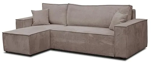 VENASI HUGO Ecksofa mit Schlaffunktion und Bettkasten - Ecksofa mit Schlaffunktion (125×200 cm) und integriertem Bettkasten für praktische Aufbewahrung. Universell montierbare Ottomane und stilvoller Cordstoff machen es ideal für kleine Räume.