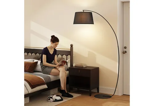 HOMCOM Stehlampe mit Stoffschirm, Fußschalter und Metallständer - Standleuchte für Wohnzimmer und Schlafzimmer, elegant gebogene Bogenlampe mit stabilem Metallfuß und praktischem Fußschalter für einfaches Ein- und Ausschalten.