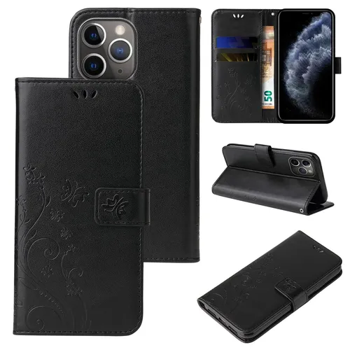 Handy Tasche für Apple iPhone 11 Pro Max Handyhülle Blumen Buch Cover Schwarz