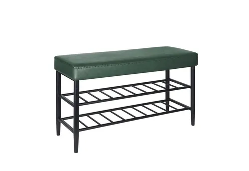 relaxdays Schuhbank mit 2 Schuhablage, grün - Stilvolle Garderobenbank im Mid-Century-Modern-Stil mit elastischem Kunstlederpolster und 2 Schuhablagen für Sneaker, ideal für Flur und Wohnräume.
