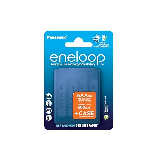 eneloop, AAA/Micro NI-MH Akku, 4er-Pack, Kapazität mit min. 800 mAh, Ready-to-Use NI-MH Akkus, bis zu 2000 Mal wiederaufladbar, plastikfreier Verpackung, Standard, weiß