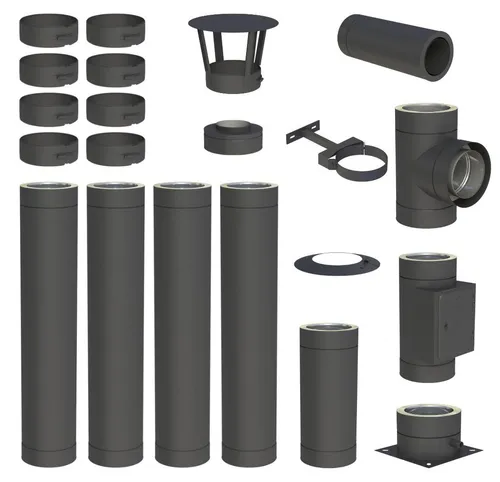5,2 m Edelstahlschornstein Ø 130 mm Komplettset doppelwandig DW-Black - Komplettset für Bodenmontage, geeignet für trockene und feuchte Betriebsweisen, zuverlässig und temperaturbeständig bis 450 °C. Ideal für verschiedene Feuerstätten.