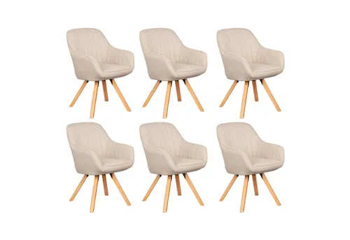 MR.DEKO Esszimmersessel Matera beige - 6er Set drehbar - Sessel, gepolstert mit vertikalen Nähten und Holzbeinen; ideal für stilvolle Esszimmer mit hohem Sitzkomfort.