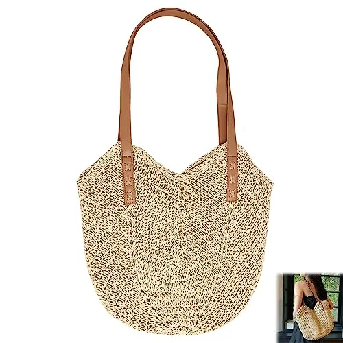 Stroh Handtasche Damen, Böhmische Strandtasche, Sommer Strandtasche Stroh Groß, Strohtasche Damen Stroh Umhängetasche, Strohtaschen Böhmische Handgewebt,Geflochten Basttasche für Reisen Strand (A)