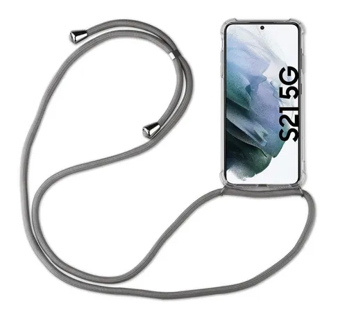 betterfon Handykette für Galaxy S21 5G Grau Handyhülle mit Band & Kordel Bumper Grau, Stoßfestes TPU-Case + verstellbares PP-Handyband
