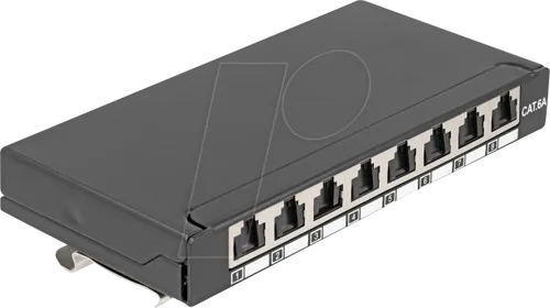 Delock Mini Desktop Patchpanel RJ45 8 Port Cat.6A geschirmt schwarz - Sonstige Netzwerkartikel, ideal für kleine Netzwerkinstallationen mit vielseitigen Montagemöglichkeiten an Tisch, Wand oder Hutschiene und Staubschutzklappen für RJ45 Buchsen.