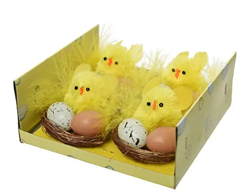 Decoris Oster Küken 4,5cm x 4 Stück Chenille Plüschküken im Nest mit Eiern Osterdeko zum Basteln