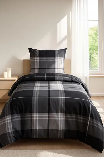 Kuschelige Biber Bettwäsche 135x200 2tlg. Anthrazit Kariert 100% Baumwolle